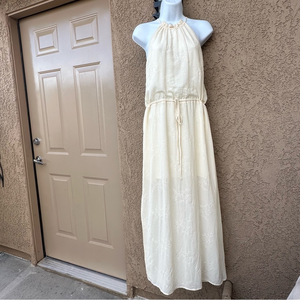 Cream Embroidered Halter Maxi Dress with side slits - Picture 2 of 7
